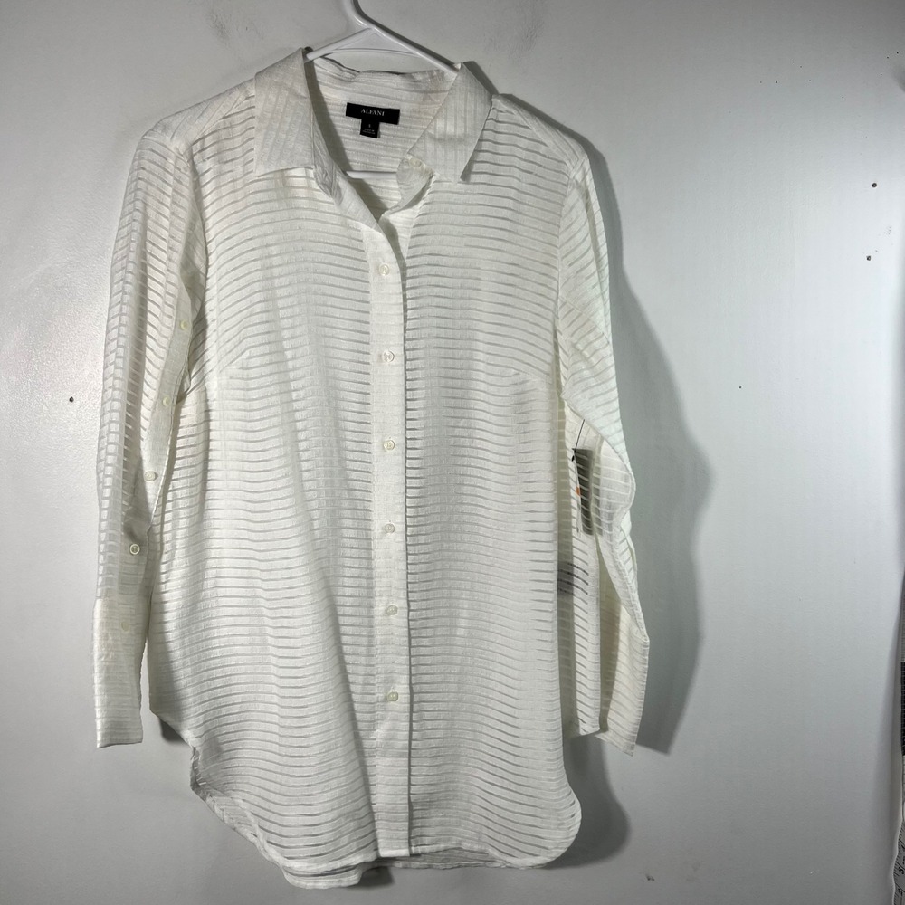 Womens Alfani Cobalt Breeze Bright White Button Shirt S NWT Sheer Striped